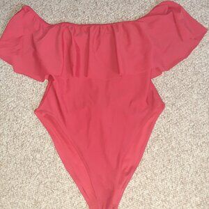 FOREVER 21 ONE PC SWIMSUIT RED RUFFLED OPEN BACK HIGH HIP CHEEKY-WOMENS SIZE L